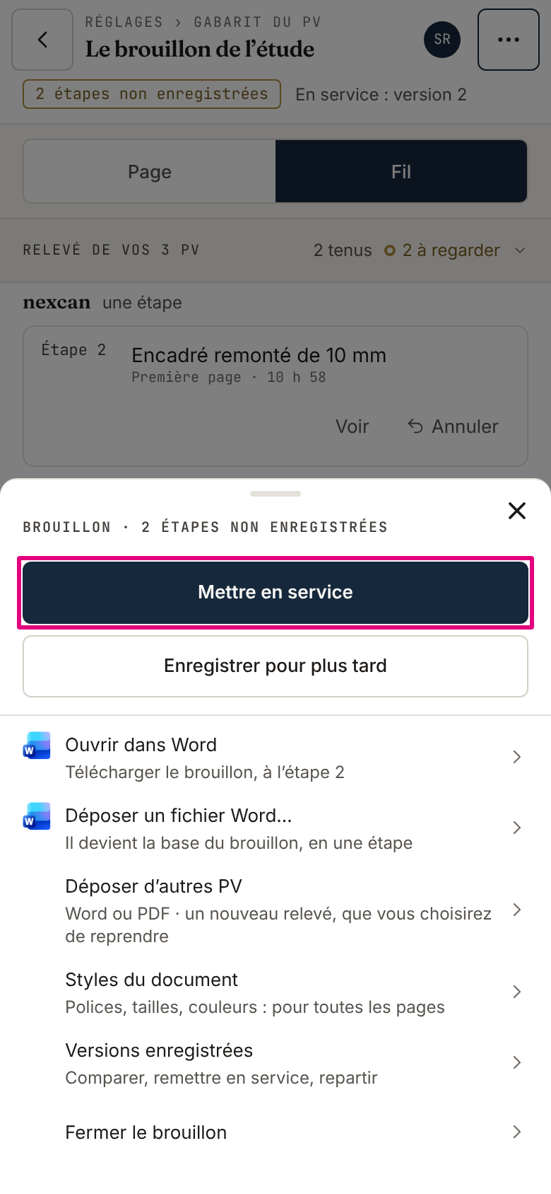 Au téléphone, le tiroir « Plus d’actions » de l’atelier : « Mettre en service » et « Enregistrer pour plus tard » en tête, puis le menu du fichier.