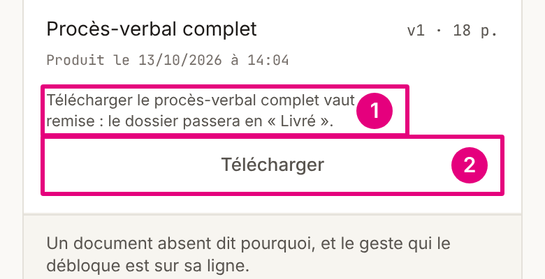 Au téléphone, l’onglet DOCUMENTS d’un dossier signé : la ligne « Procès-verbal complet », sa phrase de remise et son bouton « Télécharger ».
