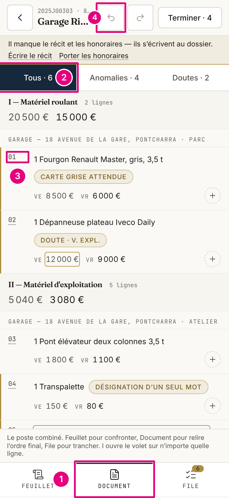 La revue au téléphone : les filtres sous la tête, la liste des lignes avec leur N°, les onglets Feuillet, Document et File en bas, la flèche d’annulation en haut.