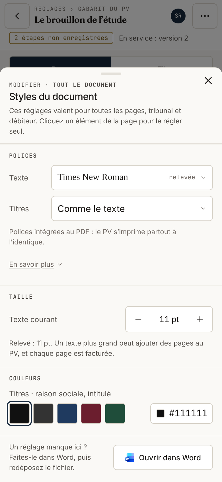 Au téléphone, les styles du document dans un tiroir : polices, tailles et couleurs.