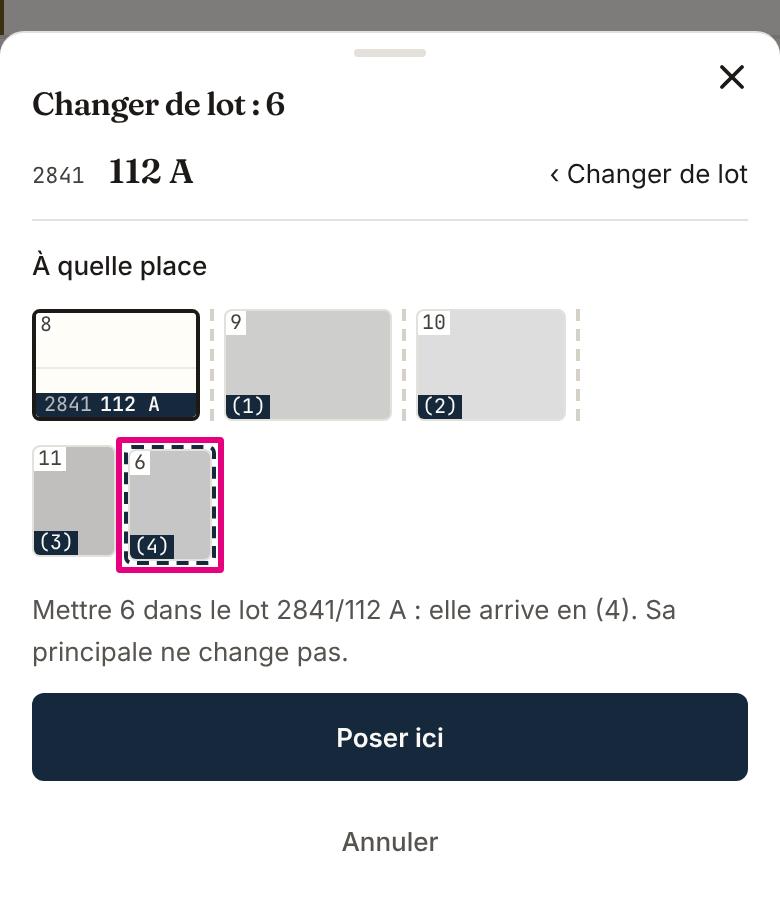 Au téléphone, la fenêtre « Changer de lot » ouverte en bas de l’écran : la bande du lot choisi, la photo posée à la fin dans un cadre pointillé, et le bouton « Poser ici ».