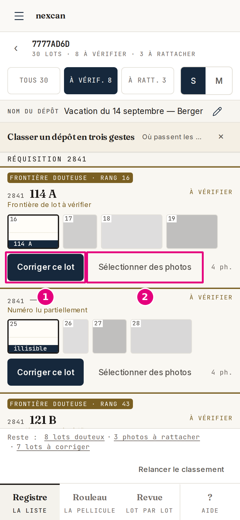 L’atelier au téléphone : les lots en cartes, chacune avec ses photos, « Corriger ce lot » et « Sélectionner des photos ».