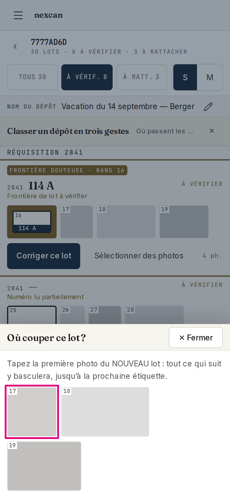 « Où couper ce lot ? » au téléphone : la pellicule du lot, dont on tape la première photo du nouveau lot.