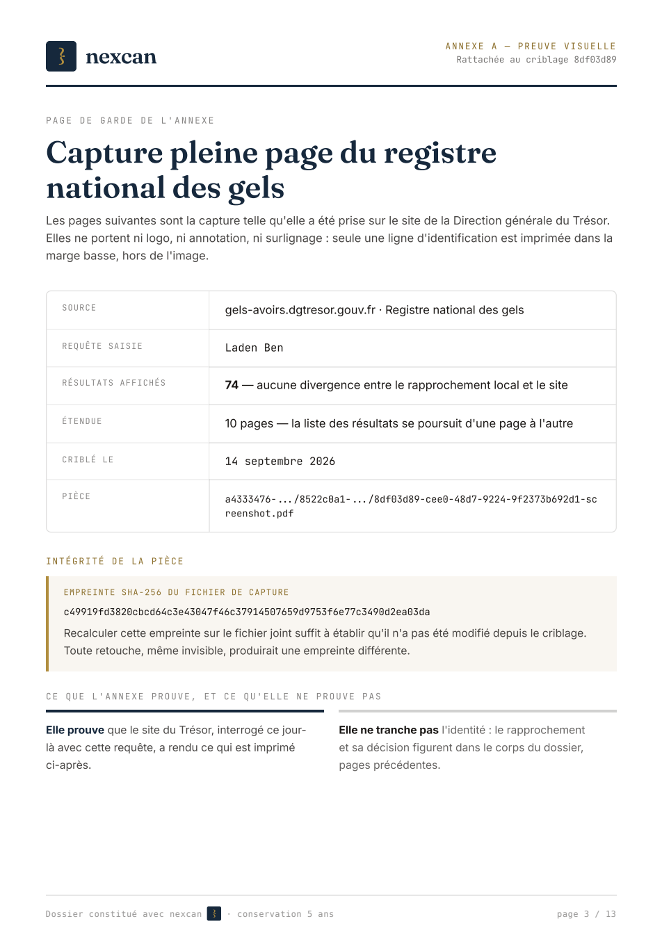 La page de garde de l’annexe pour une vérification à 74 résultats affichés.