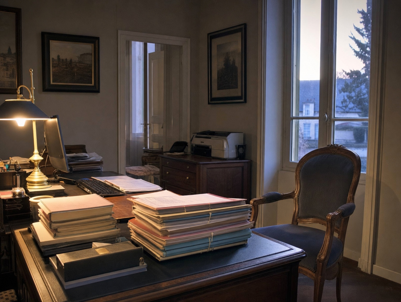 Le bureau d’une étude, un soir de semaine.
